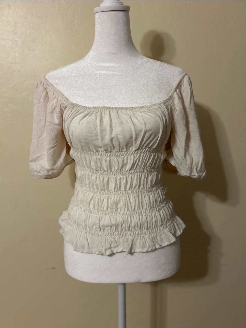 Ruched Off-Shoulder Crop Top in Cream